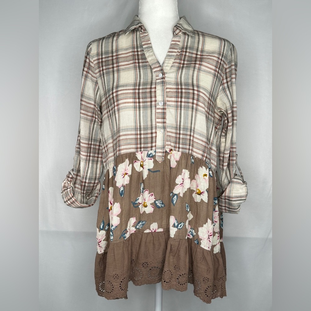 Oddy Flower Garden Blouse Plaid and Floral Tiered Top‎ in Cream Brown Boho Sz S